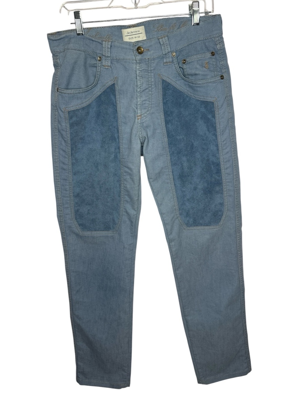 Jeckerson Light Blue Denim Jeans with Alcantara Suede Inserts. Size W33.